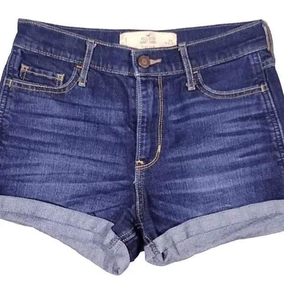 Y2K Hollister Jean Short Shorts High Rise Dark Blue Jr Sz 1 Cuffed Denim - Picture 2 of 4